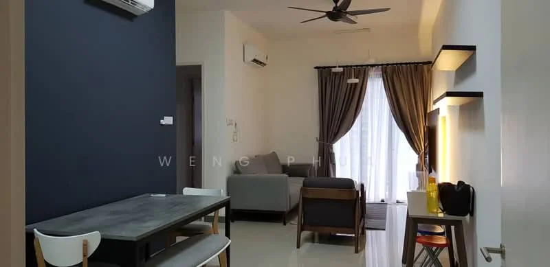 Living features: grey fabric sofa, wooden armchair, dining table with grey tabletop, 4 white dining chairs, floor-to-ceiling windows with sheer curtains, dark blue accent wall, light grey walls, recessed downlights, ceiling fan, air conditioning unit; style: modern.