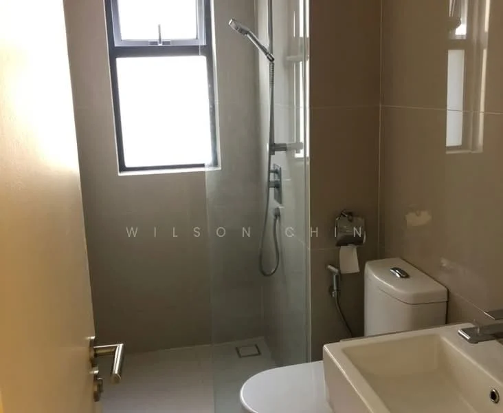 Bathroom features: walk-in shower with glass enclosure, rain shower head, handheld shower, single-sink vanity with white cabinet, chrome basin mixer, toilet, tile cladding on walls, tile flooring, window for natural light; style: modern.