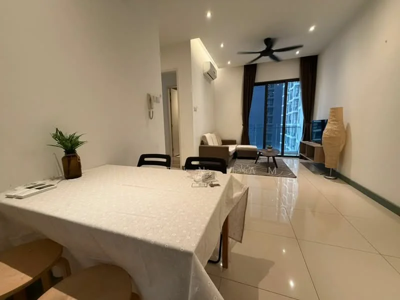 Living features: white painted walls, glossy ceramic tile flooring, 5-blade ceiling fan with light, floor-to-ceiling windows, brown fabric sofa, wooden TV console, wall-mounted TV, decorative floor lamp, area rug with geometric pattern, dining table with white tablecloth, 2 wooden dining chairs, potted plant on dining table; style: modern; view: city.