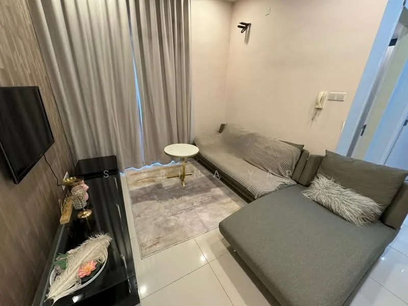 Living features: grey fabric sectional sofa, small round coffee table with gold legs, flat-screen TV on black console, light grey area rug, cream curtains, wall-mounted light fixture, textured accent wall, glossy tiled flooring; style: modern.