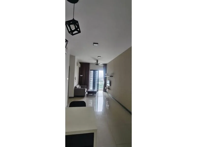 Living features: floor-to-ceiling windows, sliding glass door, 5-blade ceiling fan, recessed downlights, light-colored walls, glossy tile flooring, wall-mounted shelves, sofa, coffee table, curtains; style: modern; view: city.