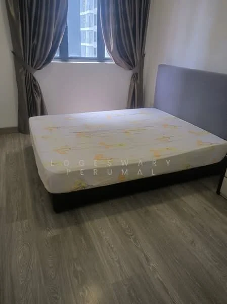 Bedroom features: queen-size bed with mattress, grey upholstered headboard, wooden flooring, floor-to-ceiling window, sheer curtains, decorative wall, neutral wall color, nightstand; style: modern.