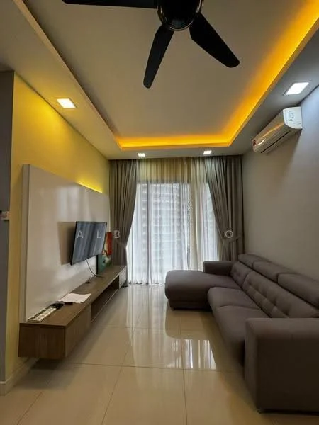 Living features: L-shape sectional sofa in grey, wall-mounted TV, TV console with wooden finish, recessed downlights, ceiling fan, curtains in light grey, floor-to-ceiling windows, glossy tile flooring, feature wall with LED strip lighting, air conditioning unit; style: modern.