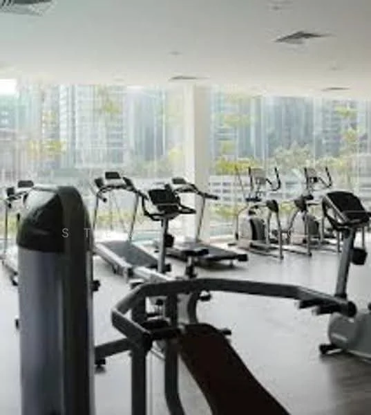 Gym features: treadmills, elliptical machines, stationary bikes, weight training equipment, large windows with city view, wooden flooring, mirrored wall, air conditioning units, recessed lighting; style: modern; view: city.