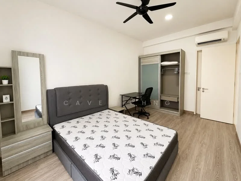 Bedroom features: queen-size bed, upholstered headboard, bedside table, full-length mirror, desk with chair, built-in wardrobe with sliding doors, wooden flooring, ceiling fan with light, air conditioning unit, white painted walls, natural light from window; style: modern.