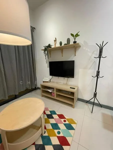 Living features: light wood coffee table, multicolored area rug with geometric pattern, light wood TV console, wall-mounted flat-screen TV, decorative shelf with plants and figurines, grey curtains, coat rack, white walls, tile flooring; style: modern.