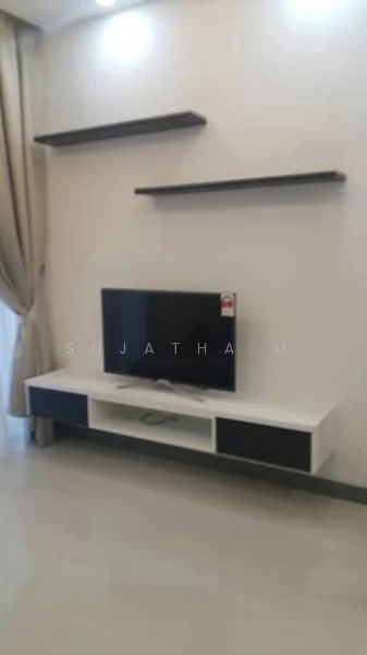 Living features: wall-mounted TV, TV console with storage, floating shelves, cream painted walls, light-colored flooring, curtains, recessed lighting; style: modern.