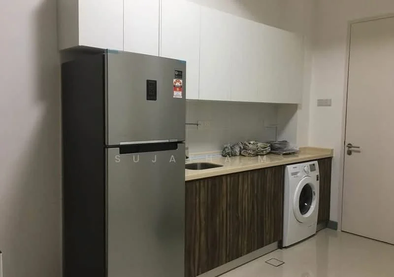 Kitchen features: stainless-steel fridge, single-bowl stainless-steel sink, chrome pull-down faucet, laminate countertop in beige, wood cabinetry with grain finish, built-in washing machine, white upper cabinets, ceramic tile flooring, neutral wall colour, door leading to another room; style: modern.
