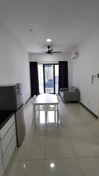 Living features: white painted walls, polished ceramic tile flooring, 5-blade ceiling fan with light, floor-to-ceiling windows, grey fabric sofa, dining table with white chairs, air conditioning unit, black countertop, stainless-steel fridge; style: modern; view: city.