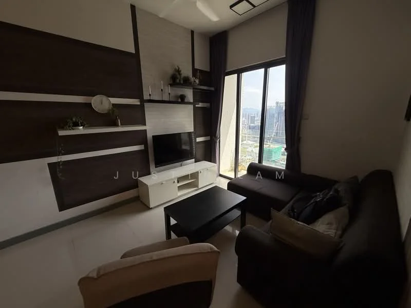 Living features: dark wood accent wall, light grey walls, floor-to-ceiling windows, black leather sofa, beige armchair, black coffee table, TV console with storage, wall-mounted TV, decorative shelves, curtains, recessed ceiling lights, neutral tile flooring; style: modern; view: city.