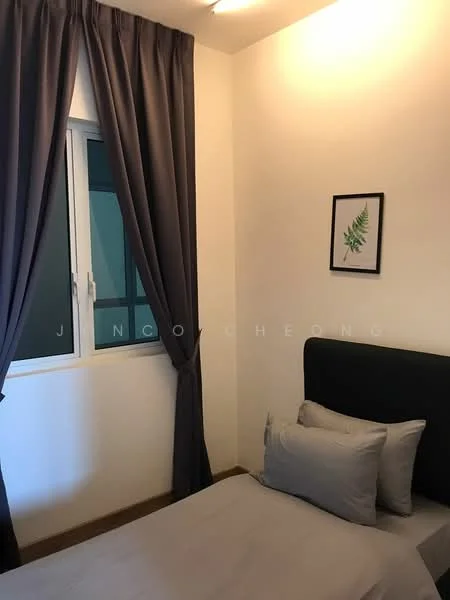 Bedroom features: grey upholstered headboard, queen-size bed with grey bedding, framed artwork on wall, floor-to-ceiling window, grey curtains, wooden flooring, decorative pillows; style: modern.
