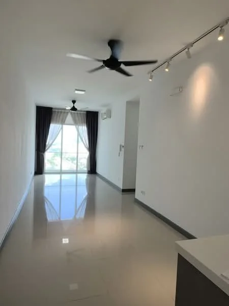 Living features: white painted walls, polished ceramic tile flooring, 5-blade ceiling fan with light, recessed LED downlights, floor-to-ceiling windows, sheer curtains, air conditioning unit, track lighting; style: modern; view: city.