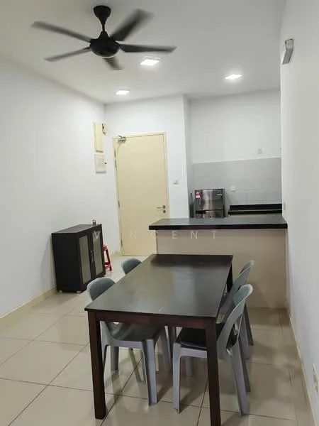 Dining features: rectangular dining table in dark wood, 4 plastic dining chairs in light grey, ceiling fan with 3 blades, white painted walls, tile flooring, kitchen countertop with backsplash, built-in kitchen cabinet, door leading to hallway; style: modern.