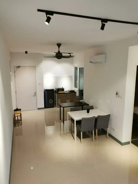 Living features: white painted walls, glossy tile flooring, 5-blade ceiling fan with light, recessed LED downlights, wall-mounted split AC, kitchen area with countertop, dining table for four, grey upholstered dining chairs, open layout, kitchen cabinets, black countertop, stainless-steel sink, kitchen appliances visible; style: modern.
