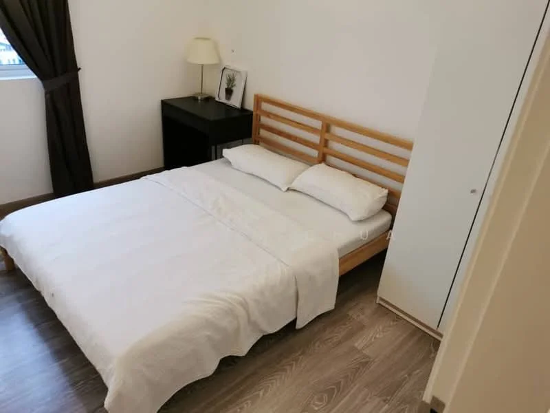 Bedroom features: queen-size bed, wooden bed frame, white bedding, nightstand with lamp, black nightstand, built-in wardrobe, brown laminate flooring, window with curtain; style: minimalist.
