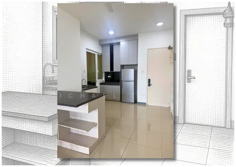 Kitchen features: grey cabinetry, black countertop, stainless-steel fridge, built-in oven, ceramic tile flooring, white walls, single-bowl stainless-steel sink, chrome pull-down faucet, window with view, recessed LED downlights, open shelving, kitchen island; style: modern.