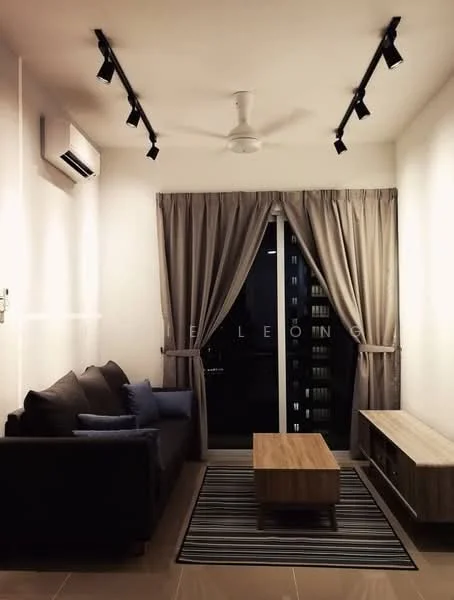Living features: 3-seater fabric sofa in dark grey, wooden coffee table, TV console, floor-to-ceiling sliding glass door, curtains in light grey, recessed LED track lighting, wall-mounted split AC, area rug with striped pattern, cream painted walls, tile flooring; style: modern; view: city.