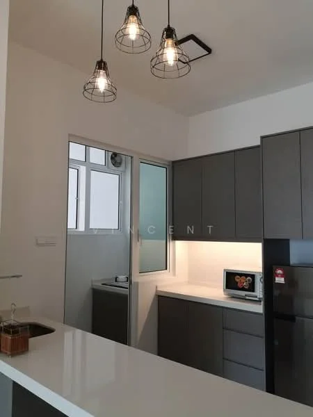 Kitchen features: white quartz countertop, grey cabinetry, built-in microwave, stainless-steel fridge, single-bowl stainless-steel sink, chrome pull-down faucet, 3 pendant lights with wire cages, glass window with sliding door, tile backsplash, open shelving, recessed downlights; style: modern.