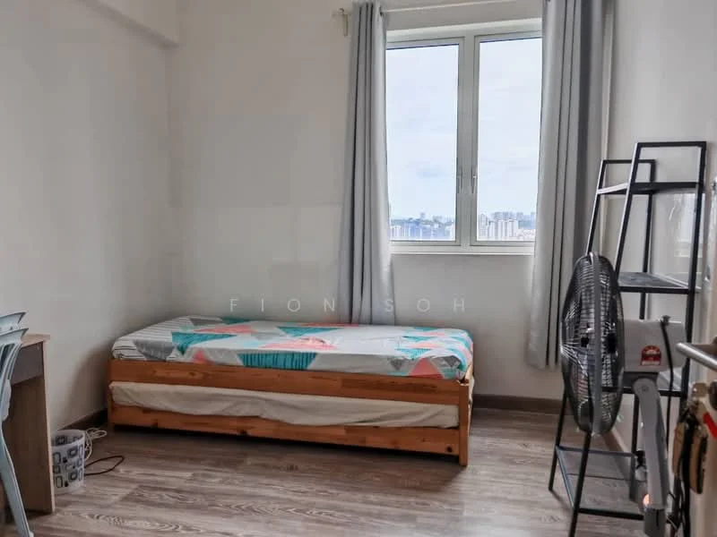 Bedroom features: single bed with wooden frame, white walls, light grey curtains, laminate flooring, floor-to-ceiling window, desk with chair, standing fan, decorative wall art, open space, city view; style: minimalist; view: city.
