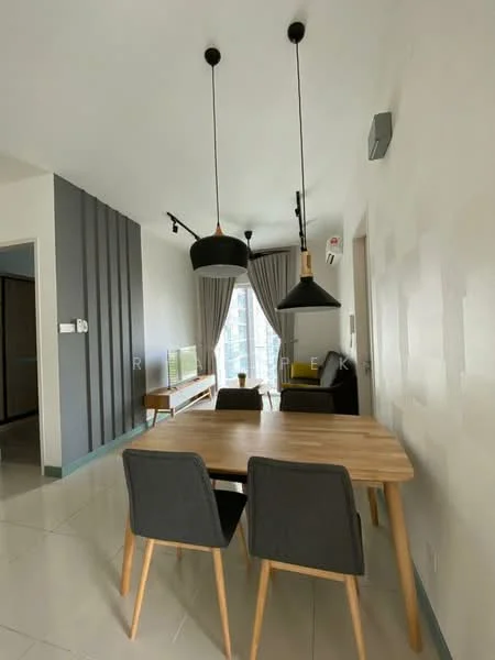 Dining features: wooden dining table, 4 upholstered dining chairs in grey, pendant lighting above table, recessed downlights, floor-to-ceiling windows, curtains, grey accent wall, white painted walls, air conditioning unit; style: modern; view: city. Living features: 3-seater fabric sofa in dark grey, coffee table, wall-mounted TV, decorative wall art, area rug, ceiling fan; style: modern; view: city.