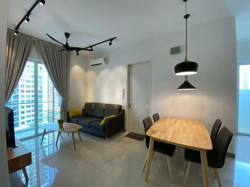 Living features: 3-seater fabric sofa in grey, 2 accent chairs in yellow, wooden coffee table, dining table for 4 with wooden top, 4 upholstered dining chairs in black, floor-to-ceiling windows, curtains in light grey, recessed downlights, 1 wall-mounted split AC, polished tile flooring, ceiling fan with light, wall-mounted TV console; style: modern; view: city.