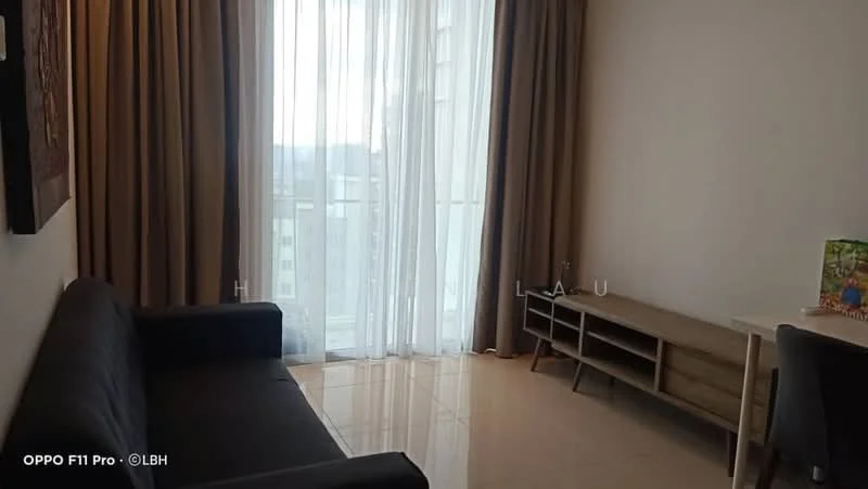 Living features: black fabric sofa, floor-to-ceiling windows, sheer curtains, cream painted walls, glossy tile flooring, wooden TV console, decorative artwork on wall, natural light from windows; style: modern; view: city.