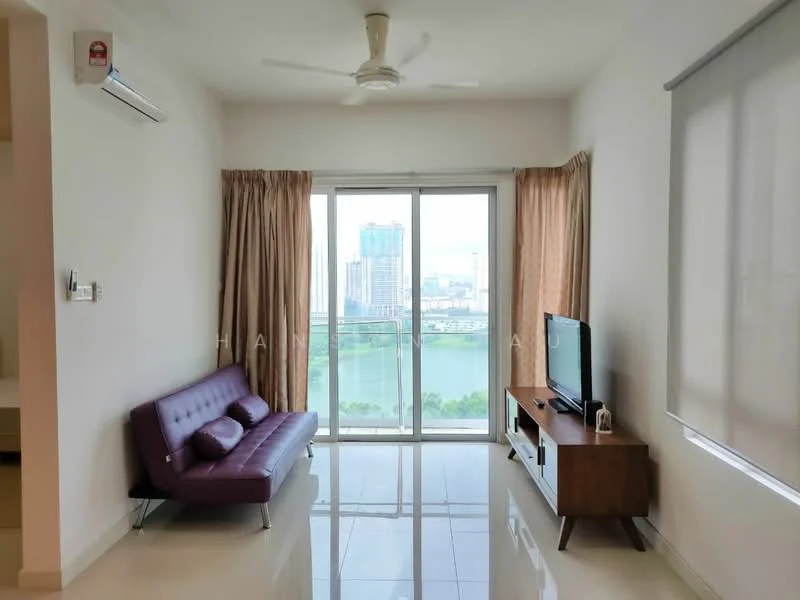 Living features: 3-seater purple leather sofa, wall-mounted TV, wooden TV console, floor-to-ceiling windows, curtains in beige, ceiling fan, white painted walls, glossy tile flooring, view of city skyline, air conditioning unit; style: modern; view: city.