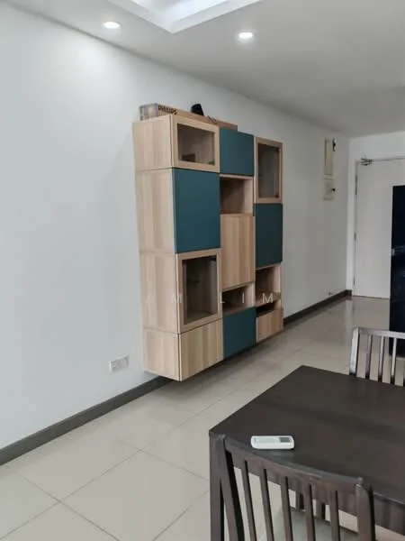 Room features: white painted walls, tile flooring, built-in shelving unit with wood and teal accents, dining table with wooden finish, four dining chairs, recessed ceiling lights; style: modern.