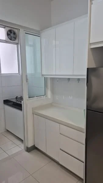 Kitchen features: white cabinetry, laminate countertop, stainless-steel sink, gas stove, built-in oven, white tiled walls, ceramic tile flooring, window for natural light, refrigerator, kitchen ventilation fan; style: modern.