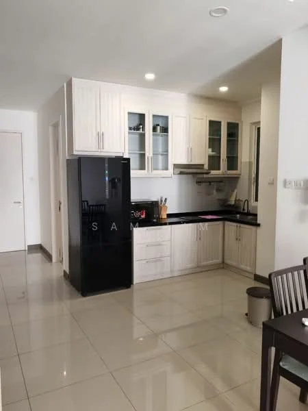 Kitchen features: black refrigerator, white shaker cabinets, black countertop, stainless-steel sink, chrome pull-down faucet, built-in oven, ceramic tile flooring, glass-front upper cabinets, kitchen island, wooden dining table, four dining chairs, wall-mounted range hood, window with sheer curtains; style: modern.
