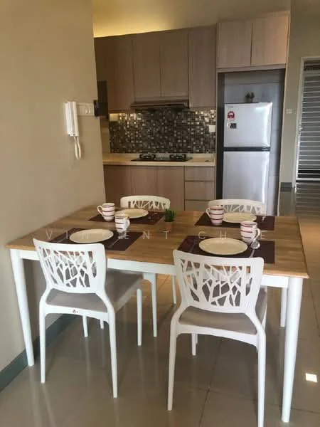 Dining features: 4-seater dining table, white dining chairs with leaf pattern, ceramic plates, mugs, wooden tabletop, grey tiled flooring, kitchen cabinetry, stainless-steel fridge, gas stove, decorative backsplash, wall-mounted phone; style: modern. Kitchen features: kitchen cabinetry, gas stove, stainless-steel fridge, decorative backsplash; style: modern.