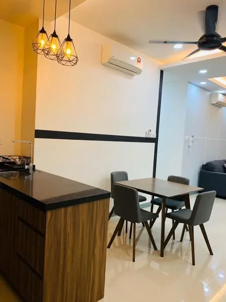 Dining features: wooden dining table, 4 grey upholstered dining chairs, pendant lighting with exposed bulbs, black accent wall, cream painted walls, wall-mounted split AC, glossy tile flooring, kitchen island with dark countertop; style: modern.