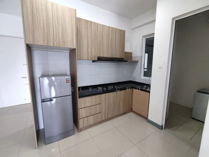 Kitchen features: stainless-steel fridge, wood cabinetry, black granite countertop, ceramic tile backsplash, built-in oven, stainless-steel range hood, single-bowl stainless-steel sink, chrome pull-down faucet, wall-mounted cabinets, under-cabinet lighting, ceramic tile flooring, window with view to outside; style: modern.