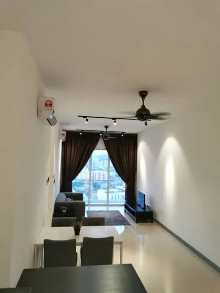 Living features: cream painted walls, polished tile flooring, 5-blade ceiling fan with light, recessed LED downlights, floor-to-ceiling windows, dark brown curtains, sofa in grey, coffee table, TV console, wall-mounted TV, area rug; style: modern; view: city.