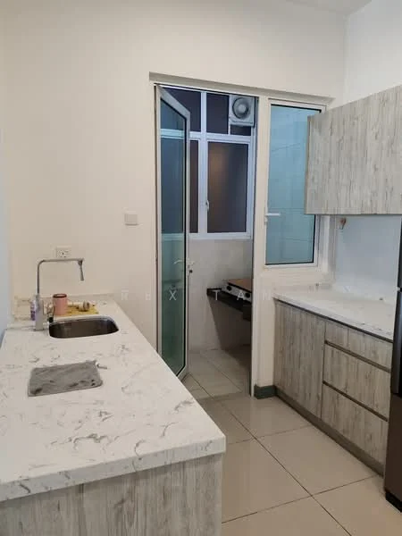 Kitchen features: marble countertop, single-bowl stainless-steel sink, chrome pull-down faucet, wood cabinetry with light finish, built-in refrigerator, tile flooring, window with glass panel, door leading to utility area; style: modern.