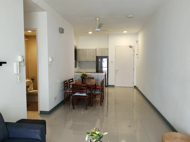 Living features: grey fabric sofa, wooden dining table with four chairs, refrigerator, kitchen cabinetry, white walls, glossy tile flooring, ceiling fan, wall-mounted intercom, door to bathroom, open layout; style: modern.
