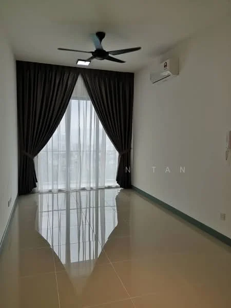 Room features: floor-to-ceiling windows, blackout curtains, 5-blade ceiling fan, wall-mounted split AC, glossy tile flooring, white painted walls, recessed downlights; style: modern; view: city.