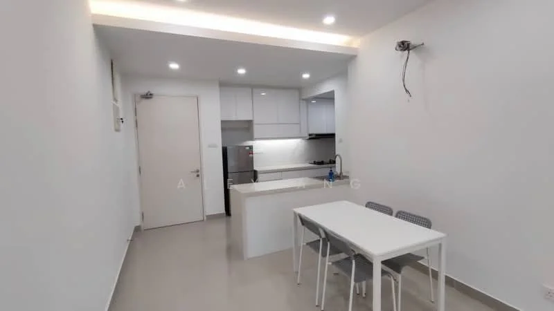 Kitchen features: white cabinetry, marble countertop, stainless-steel sink, chrome pull-down faucet, built-in oven, freestanding range oven, refrigerator, open shelving, recessed LED downlights, grey tiled flooring, white walls, dining table with four chairs; style: modern.