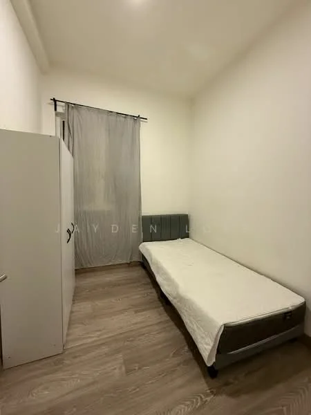 Bedroom features: single bed, white walls, light wood flooring, grey upholstered headboard, curtains, built-in wardrobe, no visible decor; style: modern.