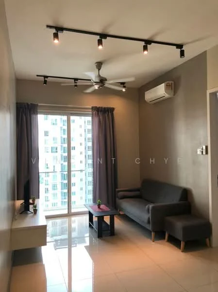 Living features: grey fabric sofa, coffee table, wall-mounted TV, 5-blade ceiling fan with light, recessed LED downlights, floor-to-ceiling windows, sheer curtains, grey painted walls, glossy tile flooring, air conditioning unit; style: modern; view: city.