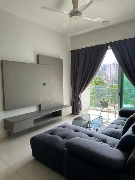 Living features: 3-seater fabric sofa in dark grey, glass coffee table, wall-mounted TV unit in grey, floor-to-ceiling windows, sliding glass door, sheer curtains, ceiling fan, tile flooring, decorative wall panel, balcony view; style: modern; view: city.
