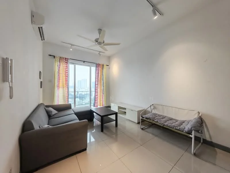 Living features: grey fabric 3-seater sofa, black coffee table, white TV console, floor-to-ceiling windows, sheer curtains with colorful stripes, recessed LED downlights, 5-blade ceiling fan, glossy tile flooring, air conditioning unit on wall; style: modern; view: city.
