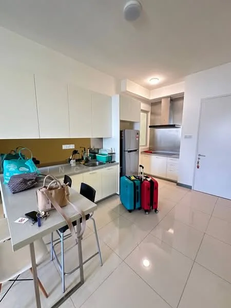 Kitchen features: white cabinetry, grey countertop, stainless-steel fridge, built-in oven, stainless-steel range hood, ceramic tile flooring, recessed ceiling lights, kitchen island with seating, sinks, wall-mounted cabinets, black backsplash; style: modern.