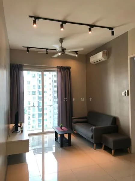 Living features: grey fabric sofa, wood coffee table, wall-mounted TV, 5-blade ceiling fan with light, recessed LED downlights, floor-to-ceiling windows, sliding glass door, sheer curtains, cream painted walls, glossy tile flooring, air conditioning unit; style: modern; view: city.