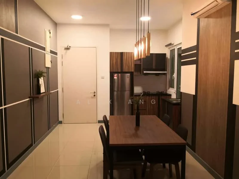 Dining features: 6-seater dining table, black dining chairs, pendant lighting above table, cream tiled flooring, white walls with grey accent, wooden cabinetry, stainless-steel fridge, built-in oven, gas hob, window with view to outside, air conditioning unit; style: modern. Kitchen features: wooden cabinetry, stainless-steel fridge, built-in oven, gas hob, window with view to outside; style: modern.