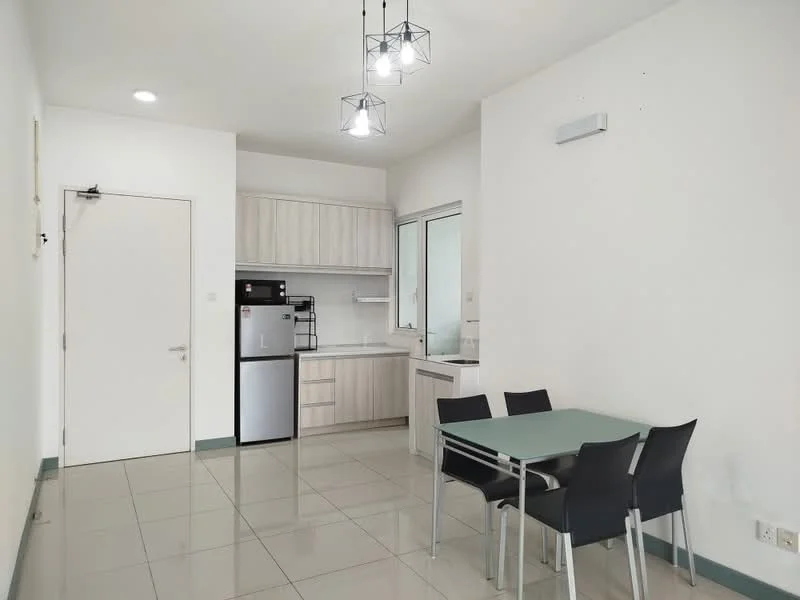 Kitchen features: white painted walls, glossy tile flooring, grey cabinetry, stainless-steel fridge, built-in oven, sink with chrome faucet, countertop with white surface, window with view to outside, 3-blade ceiling fan with light, table with glass top, 4 black dining chairs; style: modern.