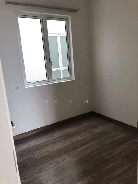 Room features: light wood laminate flooring, white painted walls, single window, window with white frame, no visible furniture or decor.
