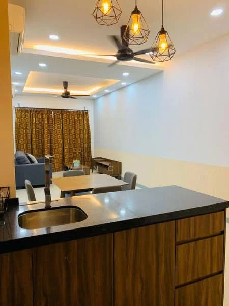 Kitchen features: black granite countertop, single-bowl stainless-steel sink, wood cabinetry, recessed downlights; style: modern. Living features: sofa in grey, dining table with chairs, ceiling fan, pendant lighting, curtains with geometric pattern, wooden side table; style: modern.