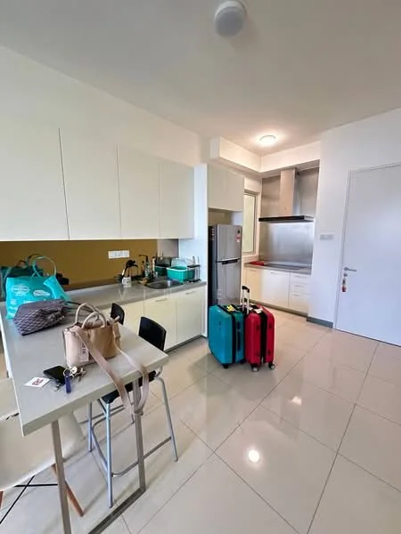 Kitchen features: white cabinetry, grey countertop, stainless-steel fridge, built-in oven, 4-burner gas hob, extractor hood, single-bowl stainless-steel sink, chrome pull-down faucet, tile flooring, recessed ceiling lights, open layout, bar seating with stools; style: modern. Room features: luggage, keys on countertop, handbag.