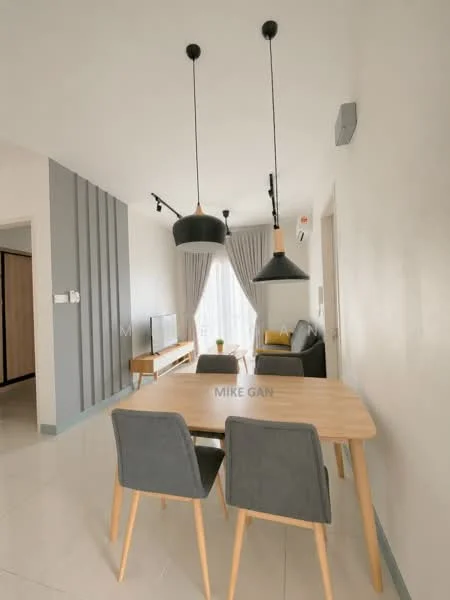 Dining features: 4-seater wooden dining table, grey upholstered dining chairs, pendant lighting with black shade, pendant lighting with wooden accent, wall-mounted TV, floor-to-ceiling windows with sheer curtains, light-colored walls, glossy tile flooring, air conditioning unit on wall; style: modern; view: garden.